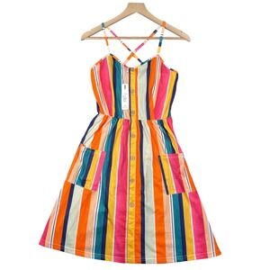 Kilig Womens Striped Button Front Pocket Dress Medium Orange Pink Blue Yellow